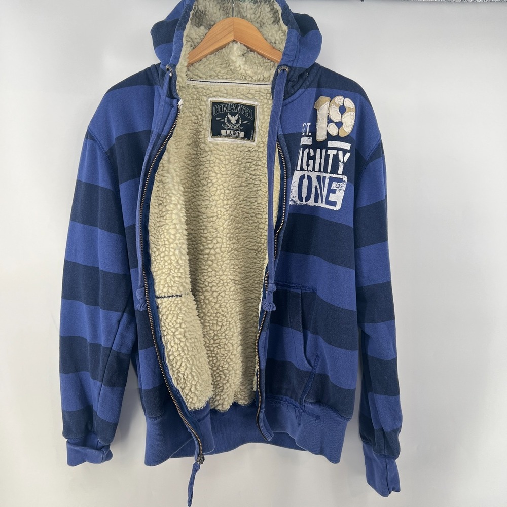Company 81 Mens Large Heavyweight Zip Hoodie Blue Striped Sherpa Lined Y2K Skate